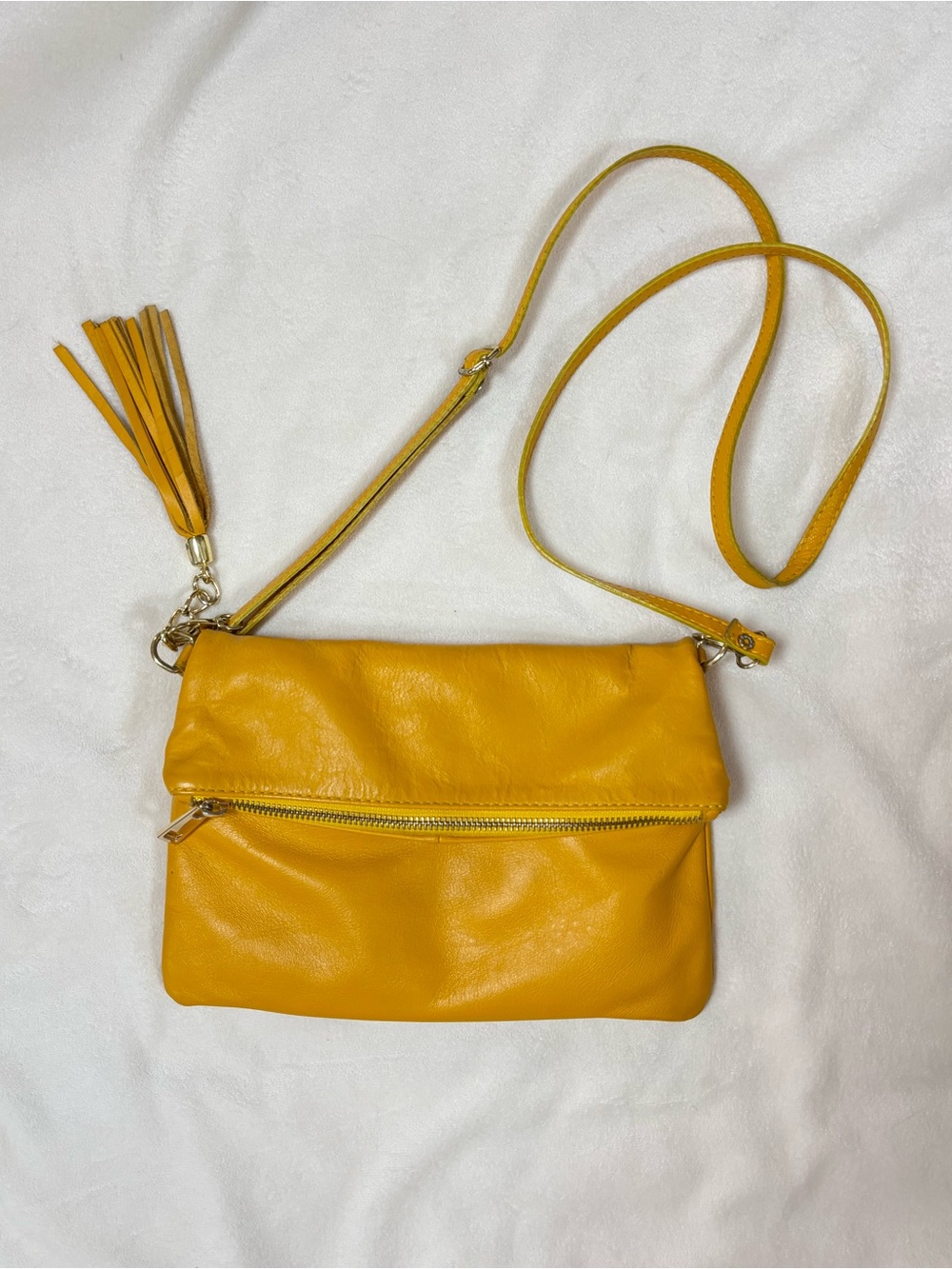Leather Fold-Over Crossbody Bag in Mustard Yellow